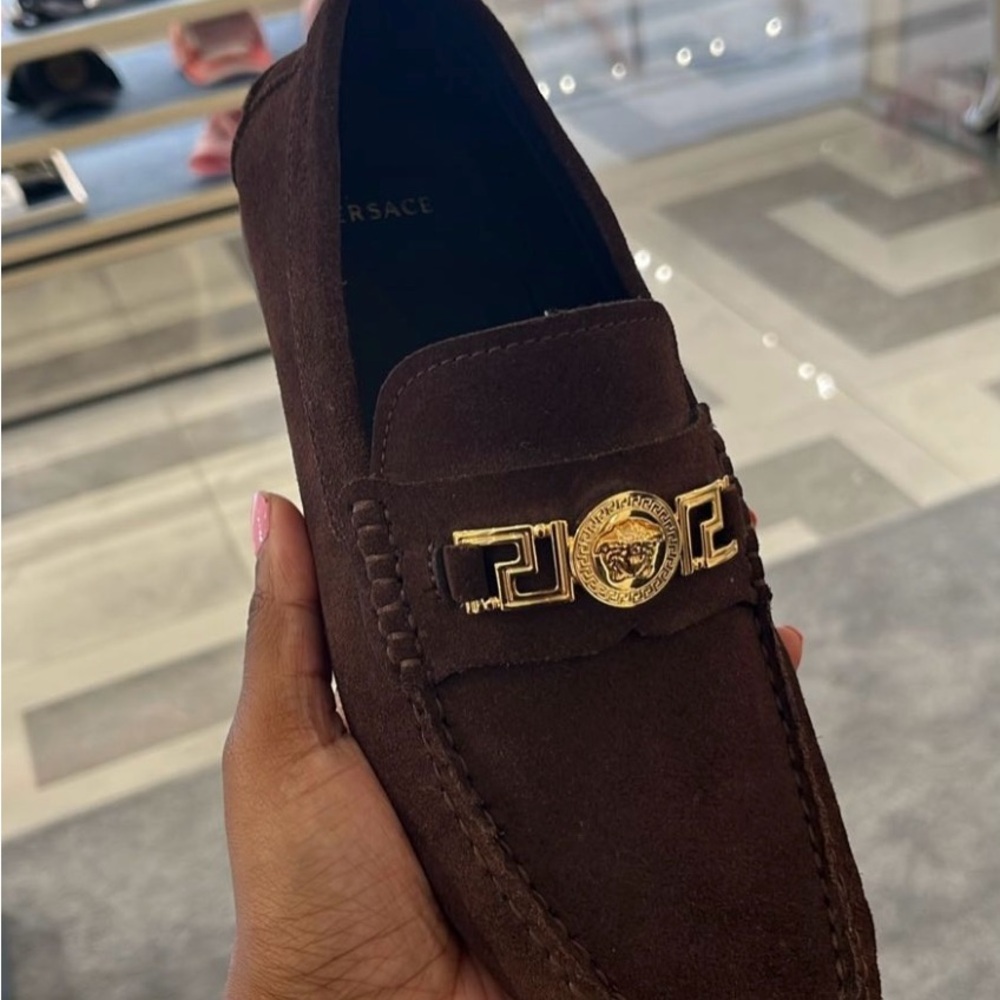 Versace Men's Dark Brown Loafers with Gold Accent